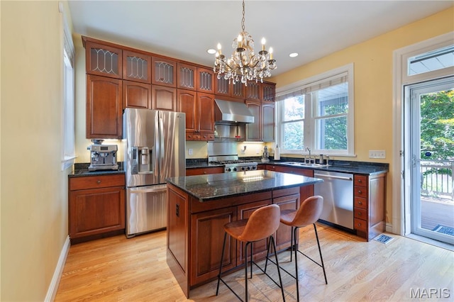 4365 Forest Park Ave, Saint Louis, MO 63108 - kitchen with stainless steel appliances, wall chimney exhaust hood, plenty of natural light, a kitchen island, and recessed lighting