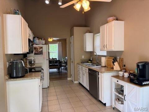 14 Shaderest Ct, Glen Carbon, IL 62034 - kitchen featuring dishwasher, a ceiling fan, light tile patterned floors, white cabinetry, and light countertops