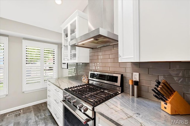 1909 King Arthur Ct, Saint Louis, MO 63146 - kitchen featuring stainless steel gas range, wall chimney range hood, light stone countertops, white cabinetry, and glass insert cabinets