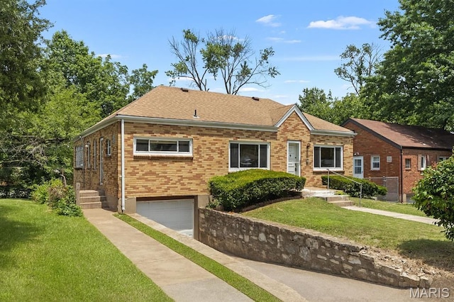 7637 Lynn Ave, University City, MO 63130 - view of front facade featuring a garage, a front lawn, brick siding, and concrete driveway