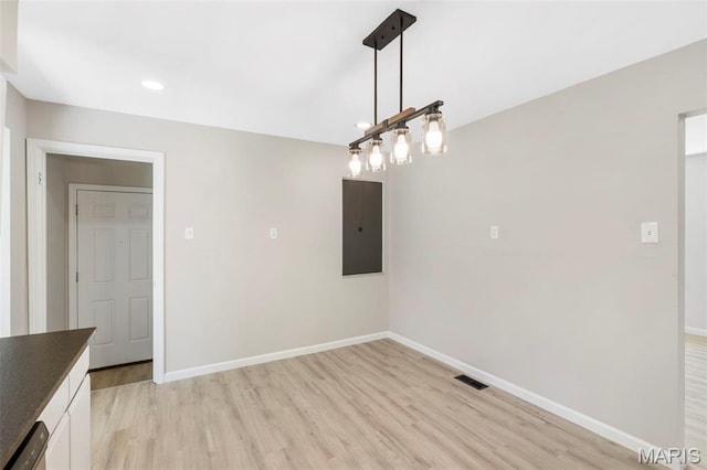 490 Lula Dr, Florissant, MO 63031 - unfurnished dining area featuring light wood finished floors, electric panel, and recessed lighting