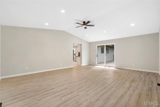 490 Lula Dr, Florissant, MO 63031 - unfurnished living room featuring ceiling fan, lofted ceiling, light wood-type flooring, and recessed lighting