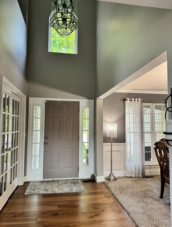 616 Remmick Stables Ct, Ofallon, MO 63368 - foyer with a high ceiling, wood finished floors, wainscoting, and a chandelier