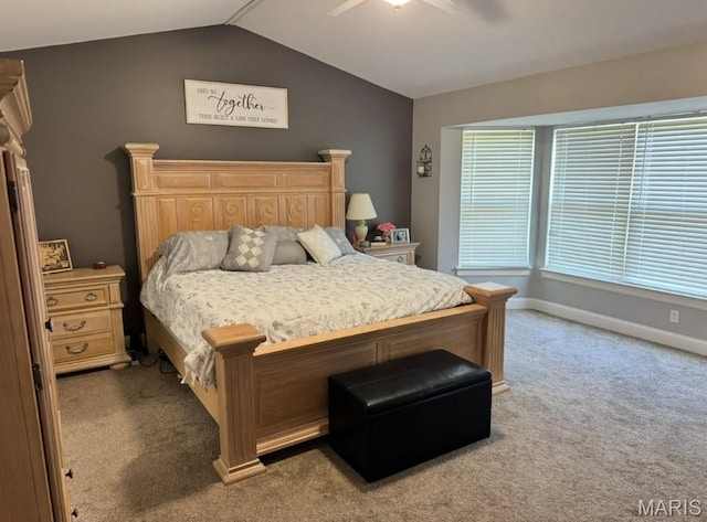 616 Remmick Stables Ct, Ofallon, MO 63368 - bedroom with light colored carpet, vaulted ceiling, and a ceiling fan