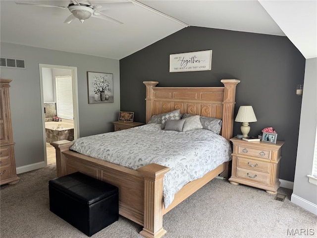 616 Remmick Stables Ct, Ofallon, MO 63368 - carpeted bedroom with vaulted ceiling, ensuite bathroom, and a ceiling fan