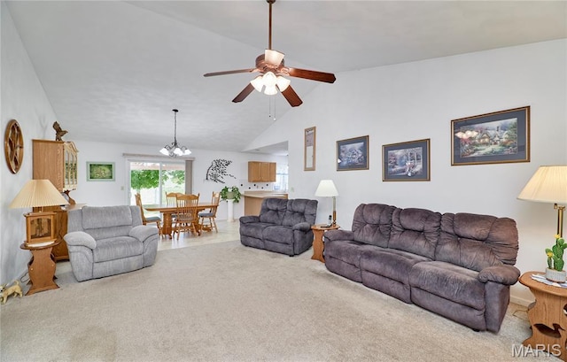 4605 Fountain Brook Dr, Waterloo, IL 62298 - living room with carpet floors, vaulted ceiling, a ceiling fan, and a chandelier