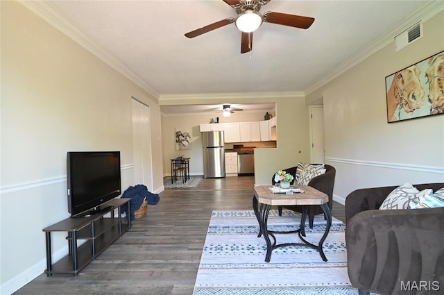 2745 Westphalia Ct Unit F, Oakville, MO 63129 - living room with ceiling fan, crown molding, and dark wood-style flooring