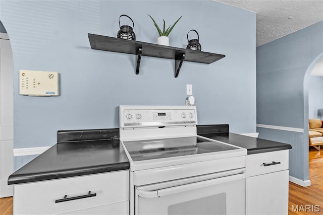5748 State Highway 25, Cape Girardeau, MO 63701 - kitchen with electric stove, arched walkways, light wood-type flooring, white cabinetry, and a wainscoted wall