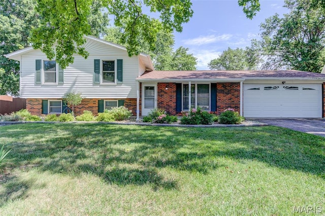 6 Barkwood Ct, Saint Peters, MO 63376 - tri-level home with an attached garage, driveway, a front lawn, and brick siding