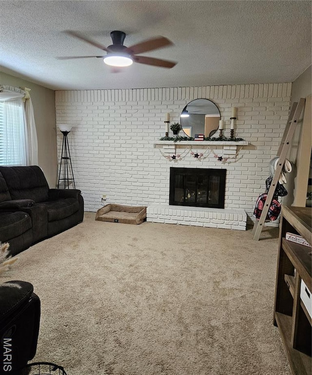22 Settlers Trl, Hannibal, MO 63401 - carpeted living room with a ceiling fan, a fireplace, a textured ceiling, and brick wall