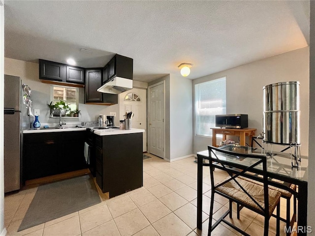 100A Wall St, New Haven, MO 63068 - kitchen with dark cabinetry, light countertops, under cabinet range hood, light tile patterned floors, and freestanding refrigerator