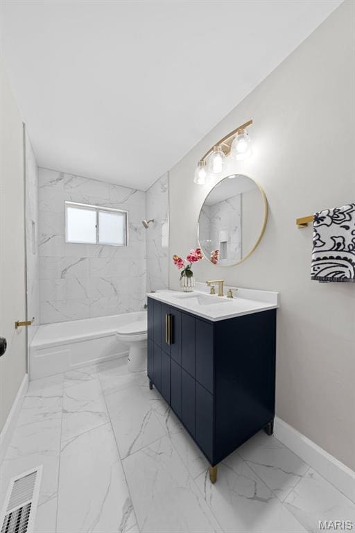 6781 Lesli Mari Ct, Florissant, MO 63033 - full bath featuring marble look tile flooring, vanity, and bathtub / shower combination