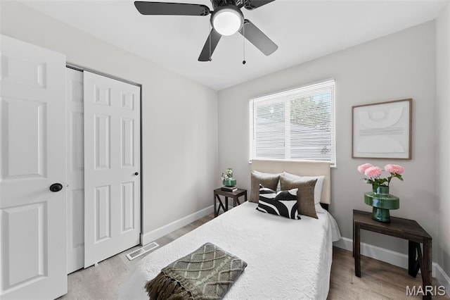 6781 Lesli Mari Ct, Florissant, MO 63033 - bedroom with light wood-style floors, a closet, and ceiling fan