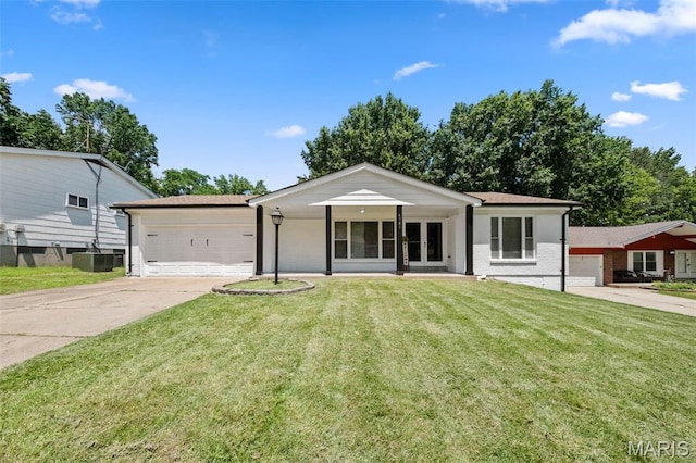 6781 Lesli Mari Ct, Florissant, MO 63033 - ranch-style house with concrete driveway, an attached garage, a front lawn, french doors, and brick siding