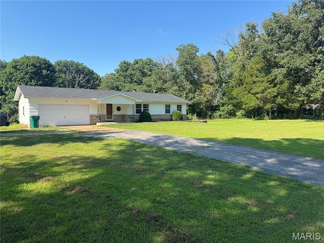 8705 State Road Y, Dittmer, MO 63023 - ranch-style house with driveway, an attached garage, a front yard, and stone siding