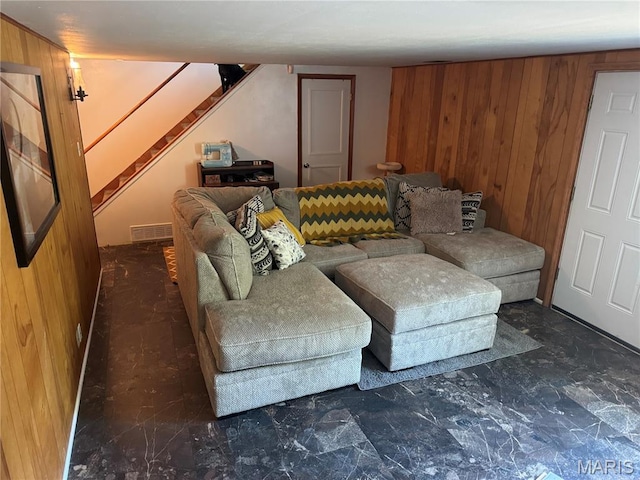 8705 State Road Y, Dittmer, MO 63023 - living area with wood walls and stairs