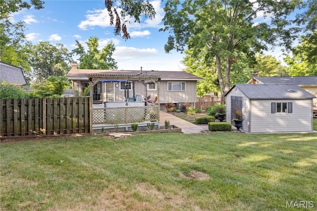 1225 Wissmann Dr, Ballwin, MO 63011 - rear view of property with a pergola, an outbuilding, a chimney, a deck, and board and batten siding