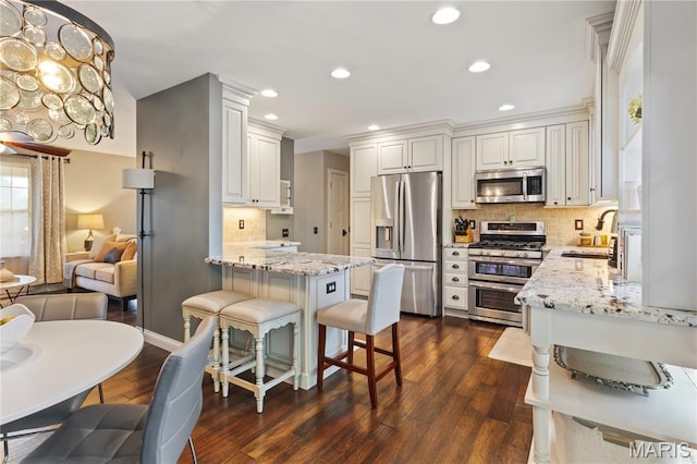 1225 Wissmann Dr, Ballwin, MO 63011 - kitchen with stainless steel appliances, a peninsula, dark wood-style flooring, recessed lighting, and light stone counters