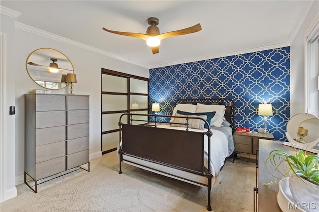 1225 Wissmann Dr, Ballwin, MO 63011 - bedroom with ornamental molding, wallpapered walls, carpet flooring, ceiling fan, and an accent wall