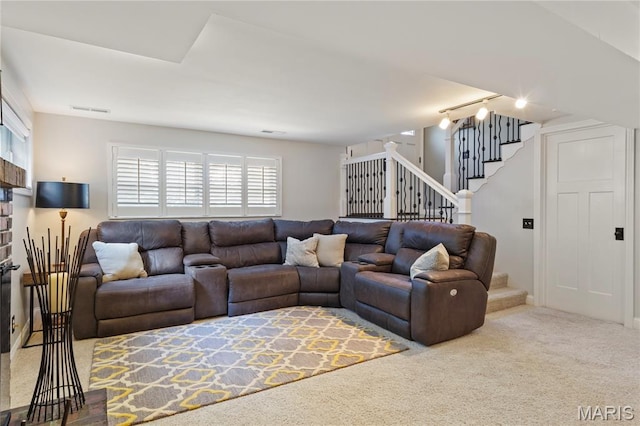 1225 Wissmann Dr, Ballwin, MO 63011 - carpeted living area with stairway