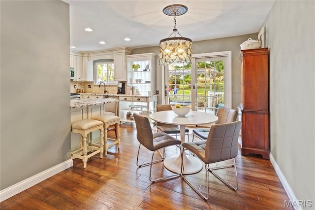 1225 Wissmann Dr, Ballwin, MO 63011 - dining space featuring wood-type flooring, a chandelier, and recessed lighting