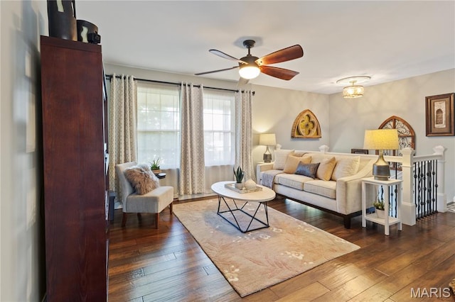 1225 Wissmann Dr, Ballwin, MO 63011 - living room featuring ceiling fan and dark wood-type flooring