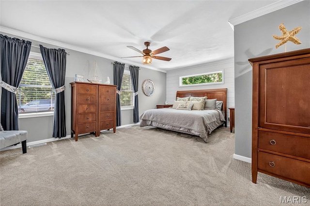 11178 Catatoga Dr, Plainview, IL 62685 - bedroom featuring multiple windows, light colored carpet, ornamental molding, and a ceiling fan