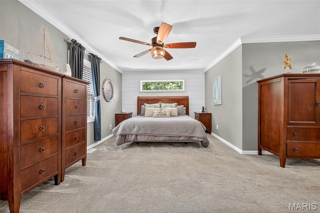 11178 Catatoga Dr, Plainview, IL 62685 - bedroom featuring light colored carpet, ornamental molding, and ceiling fan