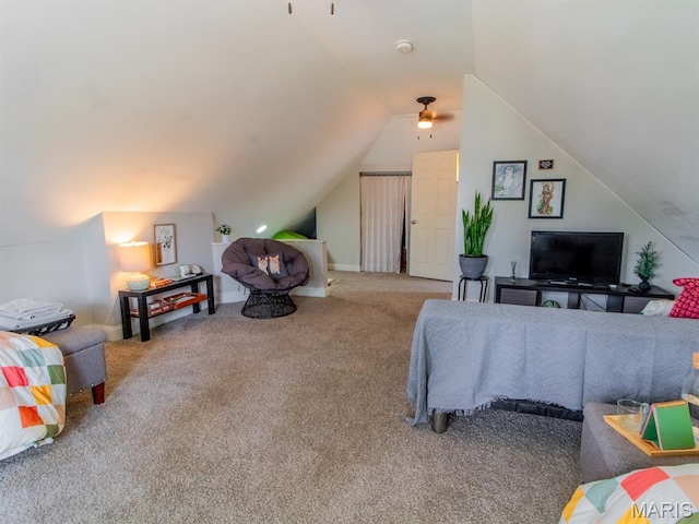 6454 Virginia Ave, Saint Louis, MO 63111 - living room featuring carpet flooring, lofted ceiling, and a ceiling fan
