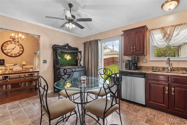 34 Windermere Dr, Glen Carbon, IL 62034 - kitchen featuring dishwasher, a ceiling fan, light stone finish flooring, and dark stone counters