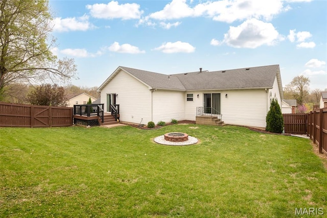 34 Windermere Dr, Glen Carbon, IL 62034 - rear view of property with a fire pit, a fenced backyard, a wooden deck, and a shingled roof