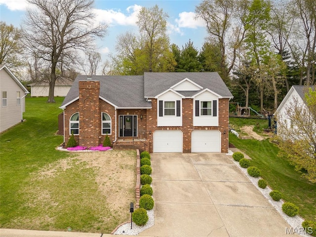 34 Windermere Dr, Glen Carbon, IL 62034 - tri-level home with brick siding, concrete driveway, an attached garage, and a chimney