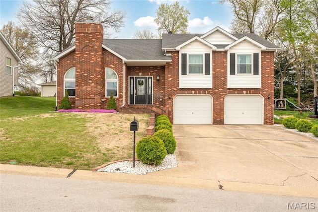 34 Windermere Dr, Glen Carbon, IL 62034 - view of front of house featuring an attached garage, concrete driveway, brick siding, a front yard, and a chimney