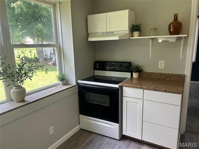 239 N Center St, Sullivan, MO 63080 - kitchen featuring electric stove, under cabinet range hood, open shelves, dark wood finished floors, and white cabinetry