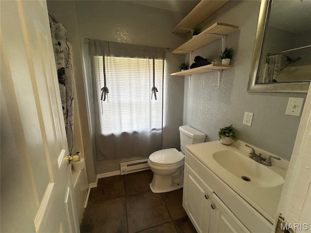 239 N Center St, Sullivan, MO 63080 - bathroom with baseboard heating, tile patterned flooring, vanity, and a shower with shower curtain