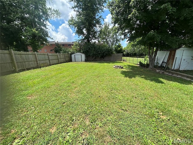 239 N Center St, Sullivan, MO 63080 - fenced backyard with a storage unit and an outdoor fire pit