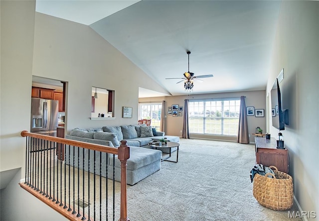 27492 Forest Ridge Ct, Warrenton, MO 63383 - carpeted living area with ceiling fan and high vaulted ceiling