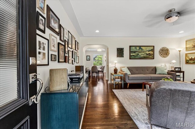 8548 Big Bend Blvd, Webster Groves, MO 63119 - living room with arched walkways, dark wood-style flooring, ceiling fan, and recessed lighting