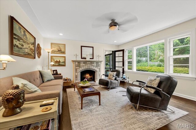 8548 Big Bend Blvd, Webster Groves, MO 63119 - living area with ceiling fan, dark wood-style flooring, a fireplace, and recessed lighting