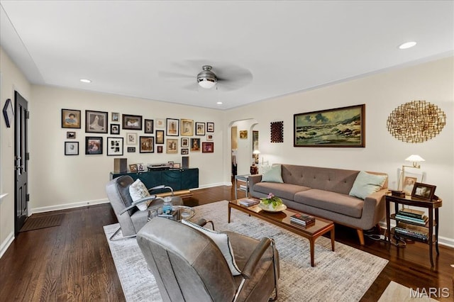 8548 Big Bend Blvd, Webster Groves, MO 63119 - living room with arched walkways, ceiling fan, dark wood-type flooring, and recessed lighting