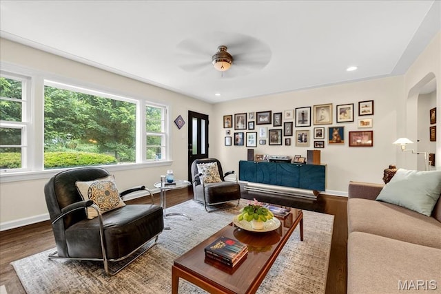 8548 Big Bend Blvd, Webster Groves, MO 63119 - living room featuring ceiling fan, wood finished floors, recessed lighting, and arched walkways