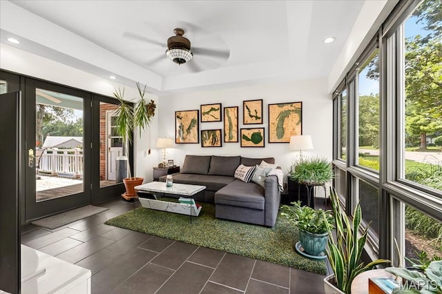 8548 Big Bend Blvd, Webster Groves, MO 63119 - living area with a raised ceiling, ceiling fan, and recessed lighting