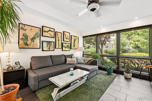 8548 Big Bend Blvd, Webster Groves, MO 63119 - living area featuring tile patterned floors, a ceiling fan, and recessed lighting