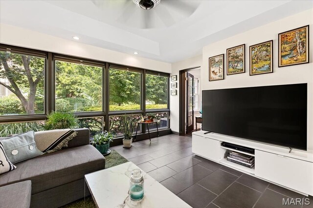 8548 Big Bend Blvd, Webster Groves, MO 63119 - living room featuring a ceiling fan, recessed lighting, and dark tile patterned flooring