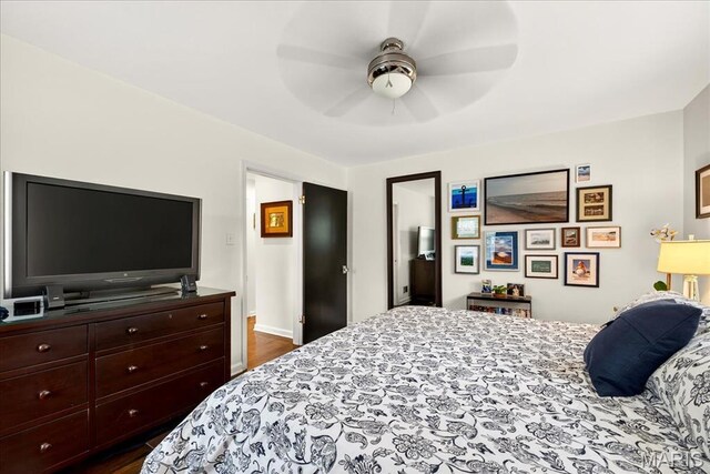 8548 Big Bend Blvd, Webster Groves, MO 63119 - bedroom featuring dark wood-style flooring and ceiling fan