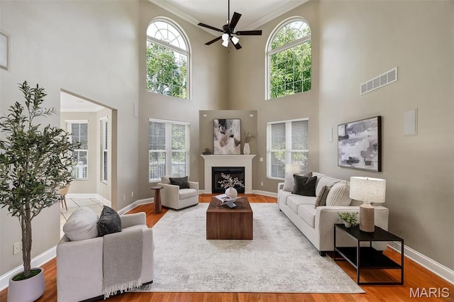 1011 Hawks Landing Dr, Lake St Louis, MO 63367 - living area with crown molding, a fireplace, wood finished floors, plenty of natural light, and a ceiling fan