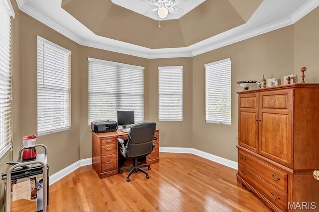 1011 Hawks Landing Dr, Lake St Louis, MO 63367 - home office with a ceiling fan, light wood-type flooring, a raised ceiling, and crown molding