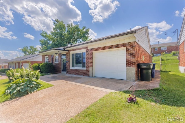 7373 Marwinette Ave, Saint Louis, MO 63116 - ranch-style house featuring brick siding, concrete driveway, an attached garage, and a front yard
