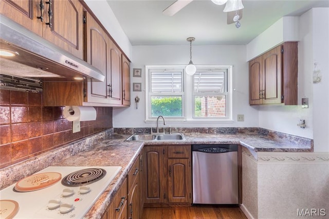 7373 Marwinette Ave, Saint Louis, MO 63116 - kitchen with stainless steel dishwasher, white electric stovetop, range hood, dark wood-type flooring, and decorative light fixtures