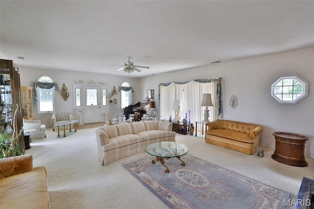 613 N W St, Raymond, IL 62560 - living area featuring carpet floors, ceiling fan, and a textured ceiling